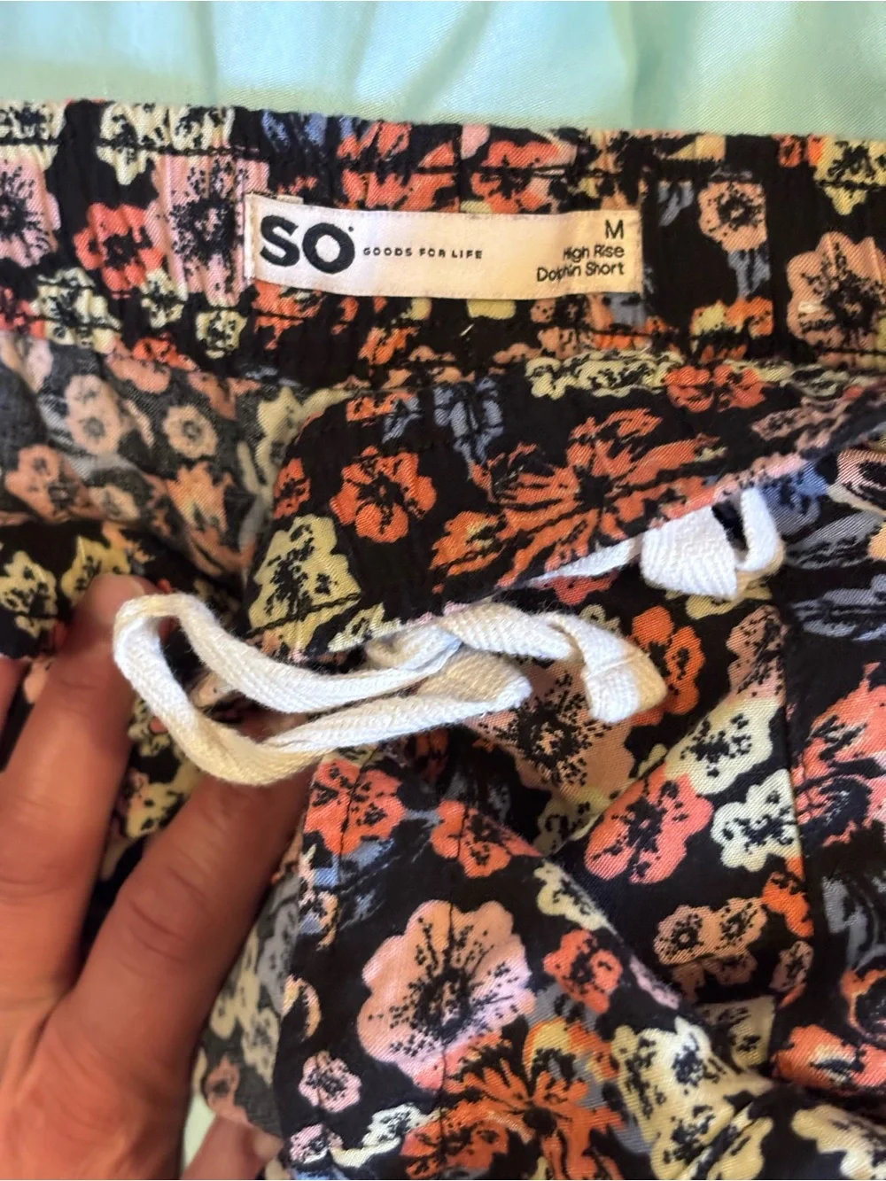 SO Floral Drawstring Shorts in Black with Pink & Peach Blooms